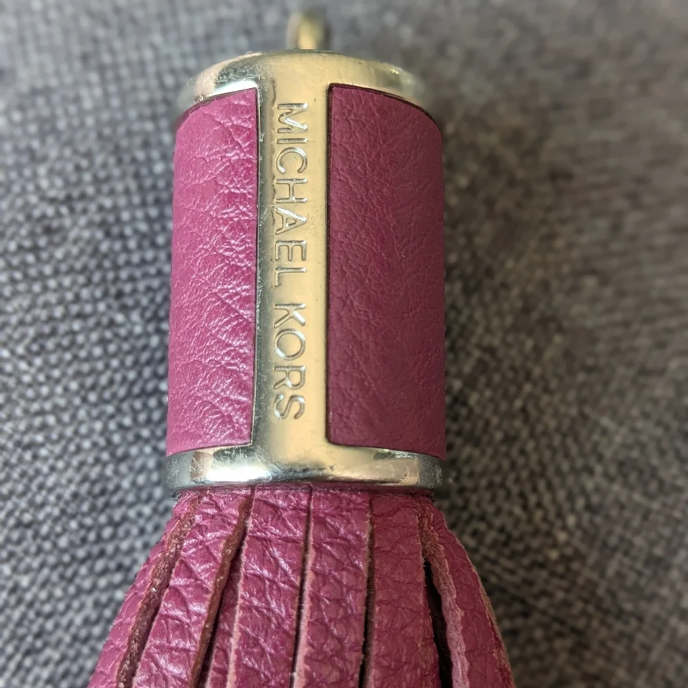 Michael Kors Burgundy Leather Tassel Bag Charm Keychain Gold Tone MK 7 In